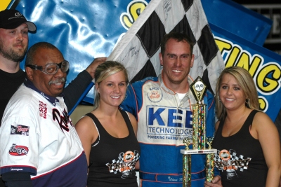Chad Meyer held off a hard-charging Mark Dobmeier to capture his first USRA Outlaw Sprint win in 2008 on Sunday at Huset's Speedway.