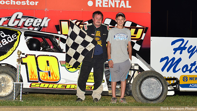 With his win in the USRA Modified feature Satruday, Mike Sorensen notched his 50th career victory at the Deer Creek Speedway.