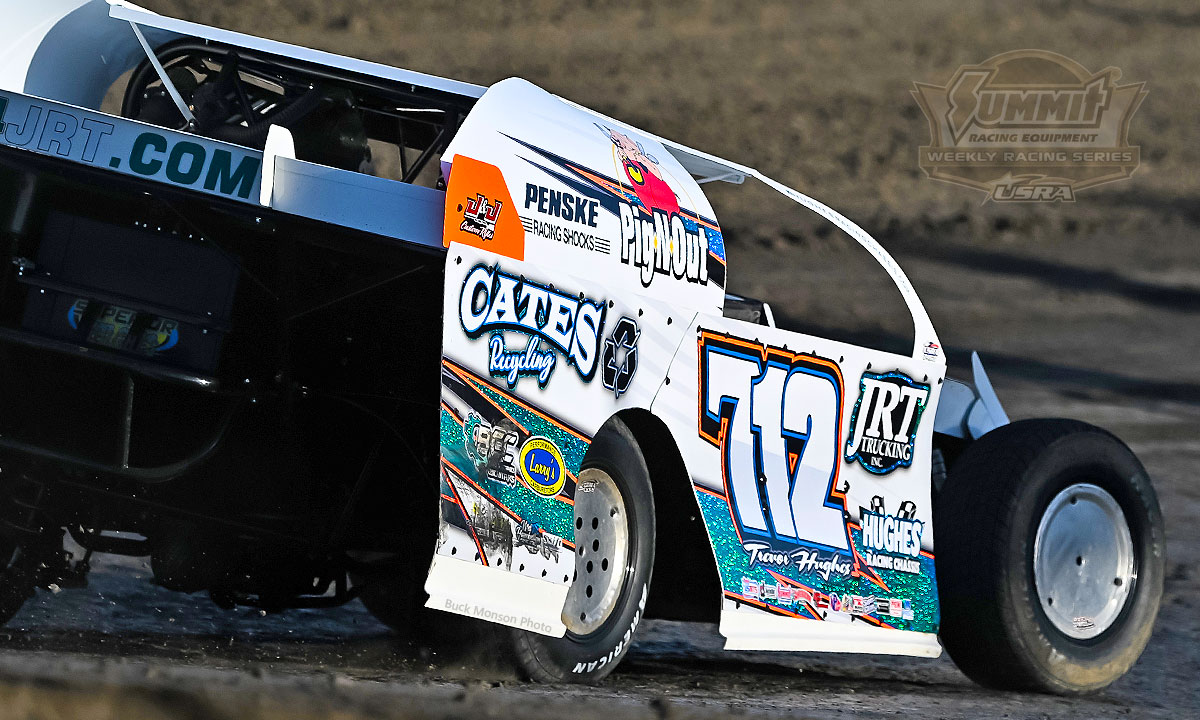 With support from Penske Racing Shocks, Trevor Hughes steers his USRA Modified around the Rocket Raceway Park.