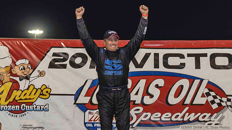 Lance Town celebrates his USRA Modified feature win at the Lucas Oil Speedway.