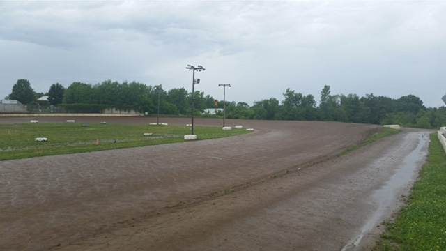 The saturated track and grounds at Central Missouri Speedway.