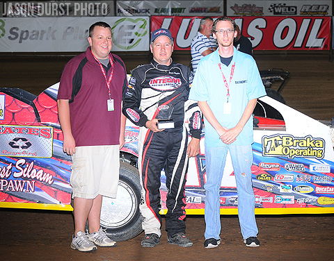 Jason Hughes is pictured in victory lane with Trenton Berry (left) and Austin Krueger (right) of RacinDirt.com.