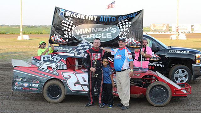 Dennis Elliott in victory lane after winning the July 25 make-up feature for the USRA Modifieds on Saturday, Aug. 15, at the I-35 Speedway.