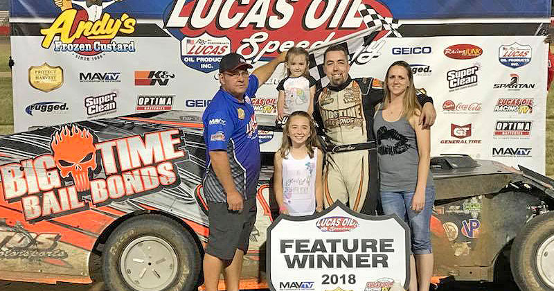 Darron Fuqua captured his fourth USRA Modified feature win of the season on Saturday, June 9, 2018, at the Lucas Oil Speedway in Wheatland, Mo.