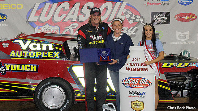 Kerry Davis celebrates his first USRA Modified feature win at the Lucas Oil Speedway.