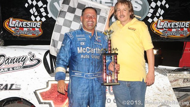 Tim Karrick won the USRA Modified feature on Friday, July 5, at the Lakeside Speedway.