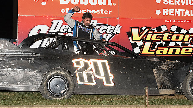 Brad Waits celebrates after winning the USRA Modified feature on Saturday, Aug. 15, at the Deer Creek Speedway.
