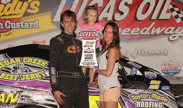 J.C. Morton won the feature and celebrated the Out-Pace USRA B-Mod track championship. (Chris Bork photo)