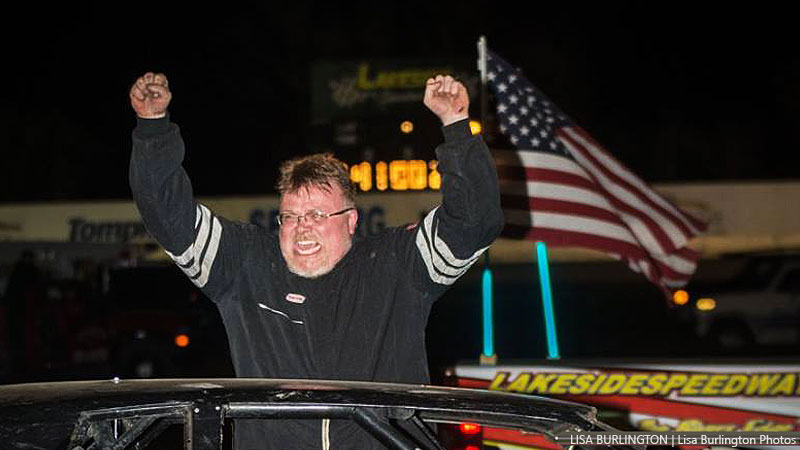 Gary Donaldson celebrates in victory lane after winning the Holley USRA Stock Car main event on Friday, April 27, at the Lakeside Speedway in Kansas City, Kan. (Lisa Burlington Photo)