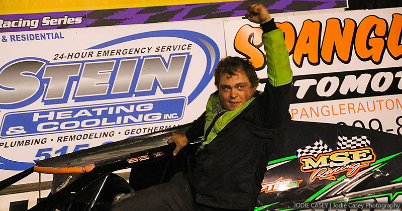 Christopher Elliott celebrates after winning the Out-Pace USRA B-Mod main event on Saturday, July 21, 2018, at the Hamilton County Speedway in Webster City, Iowa.