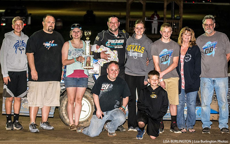 Jim Moody and his entire crew celebrate a hard-fought victory in the USRA Modified feature.