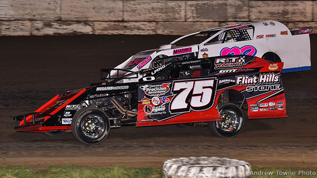 Tad Davis (75) posted his fourth USRA Modified feature win of the season Friday night at the Humboldt Speedway.