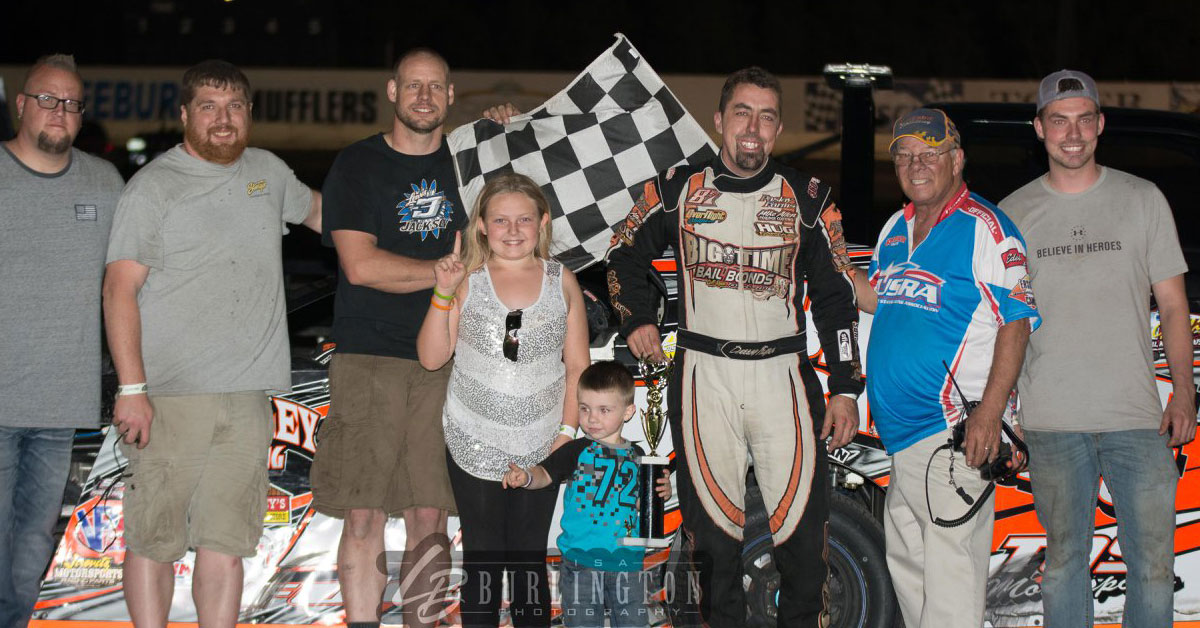 Darron Fuqua won the USRA Modified main event on Friday, May 11, at the Lakeside Speedway in Kansas City, Kan.