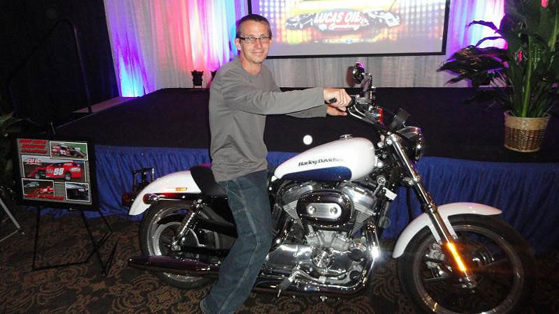 Terry Schultz of Sedalia won a new Harley-Davidson at the 2016 Lucas Oil Speedway awards banquet.