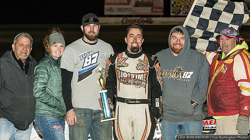 Darron Fuqua won the USRA Modified feature on Tompkins Industries Night at the I-35 Speedway.