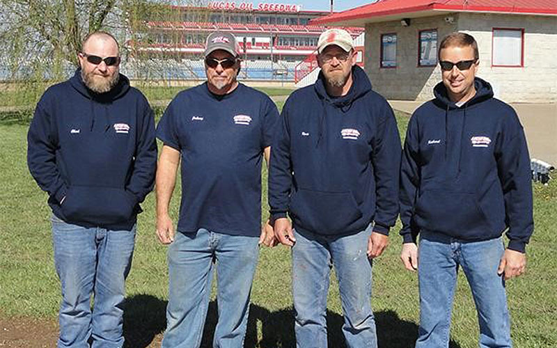 The maintenance and grounds staff at Lucas Oil Speedway (left to right): Chad Claunch, John Dobson, Kevin Meineke and Richard Turner.