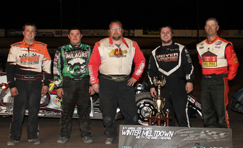 Terry Phillips took top honors on opening night of the 16th Annual USRA Winter Meltdown at the Southern New Mexico Speedway in Las Cruces, N.M. Top five finishers (left to right): Rodney Sanders, Johnny Scott, Phillips, Tommy Weder Jr., Tommy Myer.