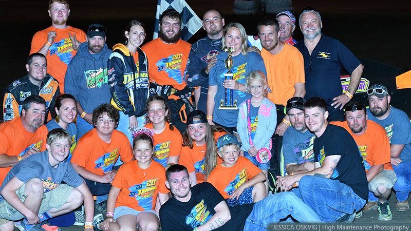 Summit USRA Weekly Racing Series feature winners Jesse Sobbing (USRA Modifieds), Ricky Thornton Jr. (American Racer USRA Stock Cars) and Danan Knott, (Out-Pace USRA B-Mods) gather with crew members, family and friends at the Finish Strong Mike Tanner Memorial on Saturday, June 15, at the I-35 Speedway in Winston, Mo.