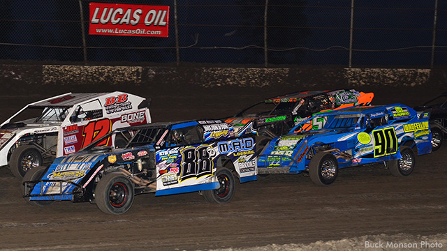 2014 USRA Modified national champion Matt Dotson (88) in action at the Lakeside Speedway with 2011 USRA national champion Johnny Bone Jr. (12), 2012 USRA national champion Brandon Davis (50) and Terry Schultz (90), who finished fourth in this year's points.