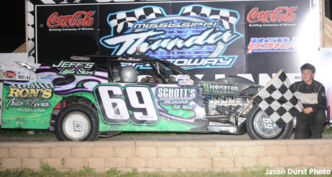 Lucas Schott hit his marks and won his first USRA RHS Modified feature at the Mississippi Thunder Speedway Friday night.