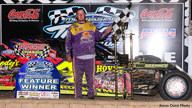 Troy Hovey of Decorah, Iowa, won the USRA B-Mod feature on Friday, July 5, during the Rivercity Rumble at the Mississippi Thunder Speedway.