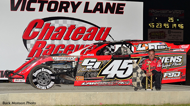 Todd Scharkey won the USRA Modified feature on Friday, July 5, at the Chateau Raceway.